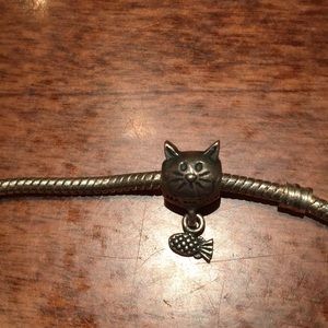 Sterling silver Pandora retired cat barrel charm with fish dangle